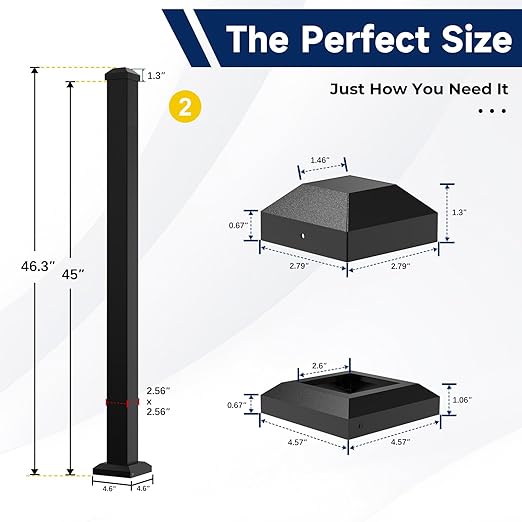 2.56 in. x 2.56 in. x 45 in. Porch and Deck Railing Post with Screws, Aluminum Railing Post, Black Textured Powder-Coat Finish Stair Post for Decks, Porches & Balconies (2x45in Posts)
