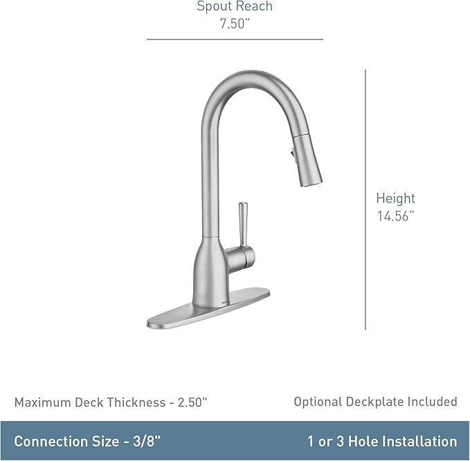 Moen Adler Spot Resist Stainless One-Handle High Arc Kitchen Sink Faucet with Power Clean Pull Down Sprayer, 87233SRS + Deck Mounted Kitchen Lotion or Soap Dispenser with Refillable Bottle, 3942SRS