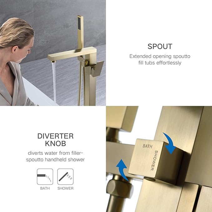 TapLong Brass Freestanding Bathtub Faucet Single Handle Brushed Gold Bath Tub Filler Faucet with Hand Shower High Flow Rate Max 6 GPM, Floor Mount, 51001BG