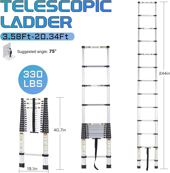 Extension Ladder, 20.3FT RIKADE Aluminum Telescoping Ladder with Non-Slip Feet, Portable Telescopic Ladder for Household and Outdoor 330lb Capacity