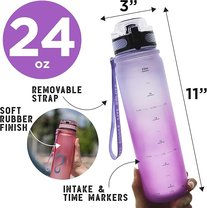 Live Infinitely 24 oz Water Bottle with Time Marker - Insulated Measured Water Tracker Screen - BPA Free Gym Water Bottle - Locking Flip Top Lid, Rubberized (Cotton Candy, 24oz)