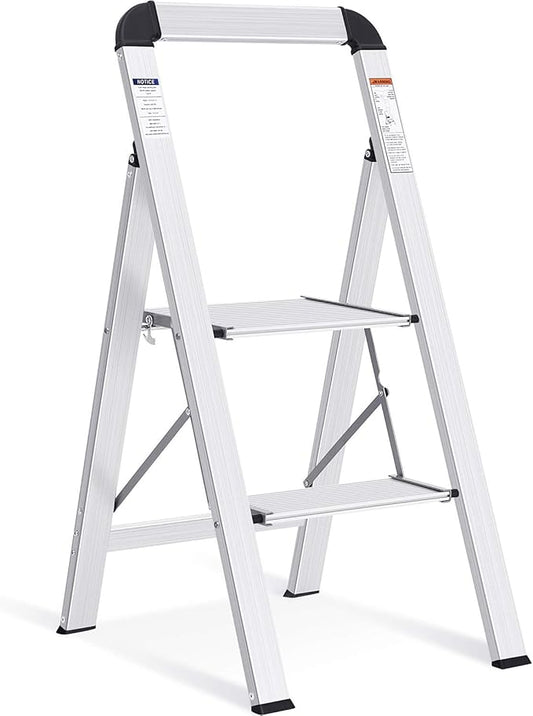 KINGRACK Aluminium 2 Step Ladder, Lightweight Step Stool with Non-Slip Pedals, Handrail, 330LBS Foldable Step Ladder for Kitchen, Garage, Home, Space Saving, Sturdy and Portable, Silver