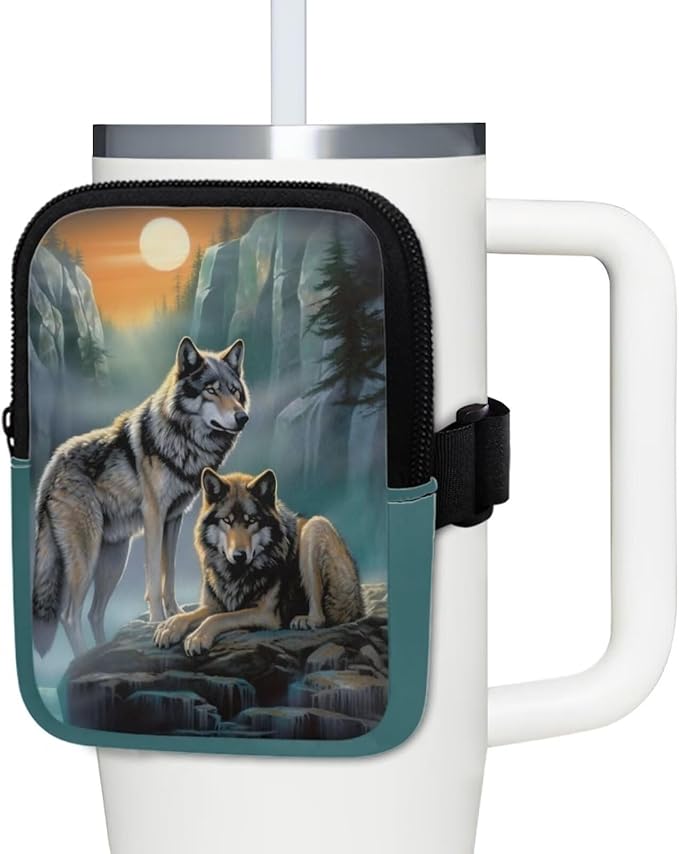 Wolf Stanley Cup Pouch with Adjustable Strap Water Bottle Storage Bag 20oz-40oz IceFlow Tumbler Pouch for Stanley Accessories