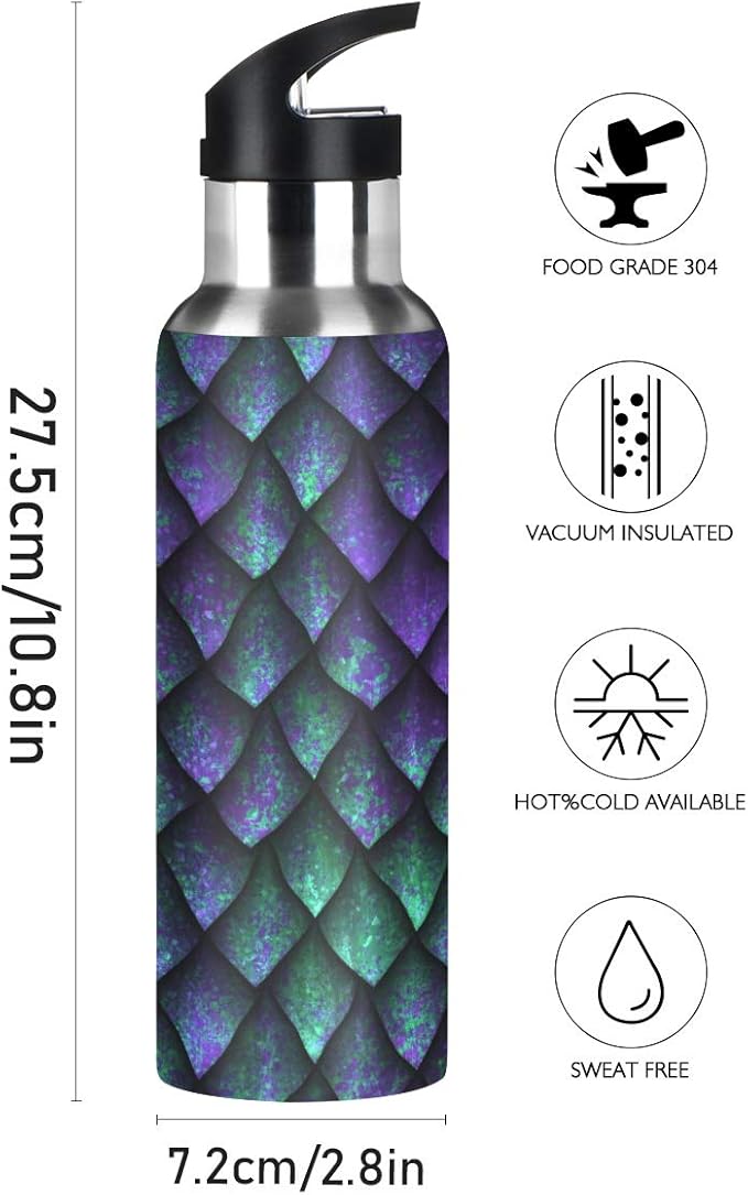 Dragon Scales Texture Stainless Steel Water Bottle with Straw, BPA Free Reusable Leakproof Water Jug for Fitness Camping Outdoor Sports