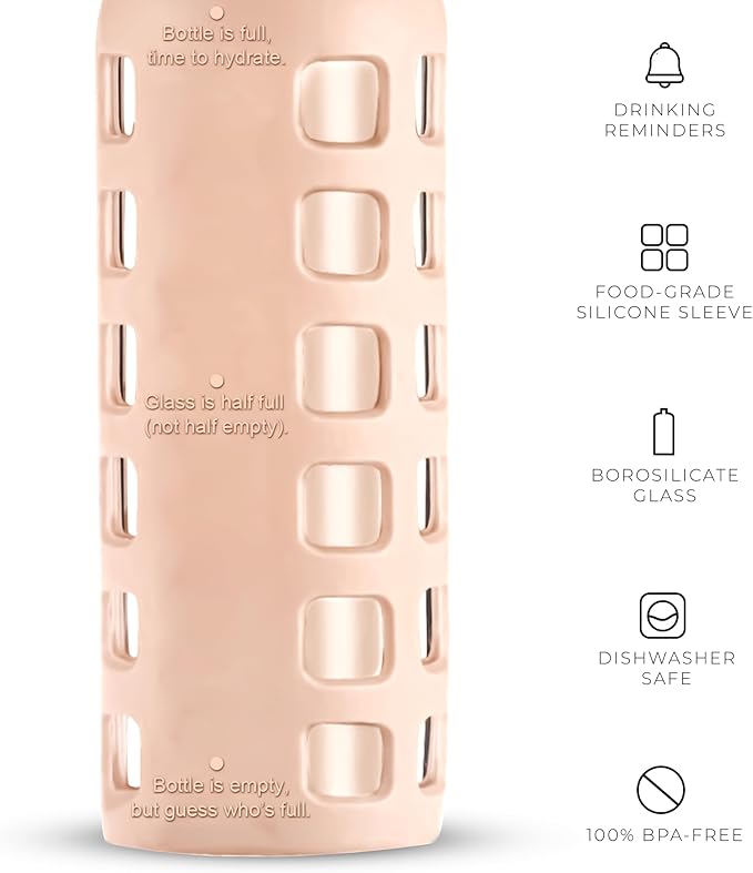 purifyou Premium 40/32 / 22/12 oz Glass Water Bottles with Volume & Times to Drink, Silicone Sleeve & Stainless Steel Lid Insert, Reusable Bottle for Fridge Water, Milk, Juice (12oz Hazelnut)