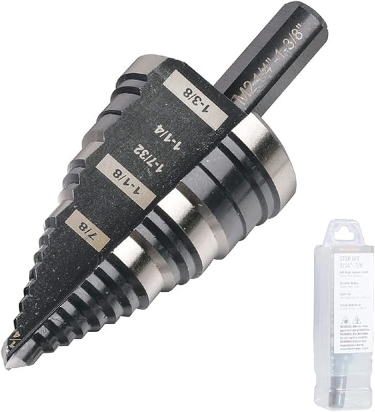 1/4 to 1-3/8 Inch Step Drill Bit Straight Grooved Double Fluted, M2 High Speed Steel Drill bits for Hole Drilling in Stainless Steel, Copper, Aluminum, Wood, Plastic