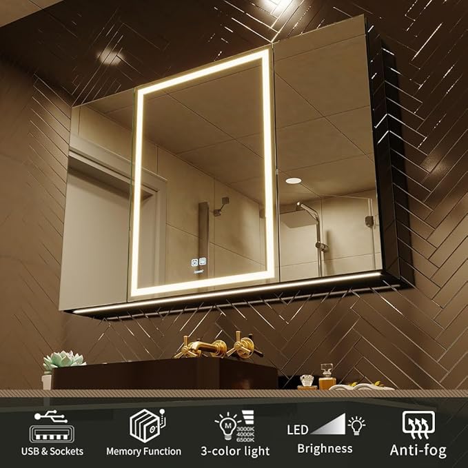 LED Lighted Bathroom Medicine Mirror Cabinet with Sockets & USBs, Anti-Fog Dimmable Light and Color Adjustment, Antirust and Easy to Install Aluminum Cabinet (Touch Screen, 28" L x 40" W)