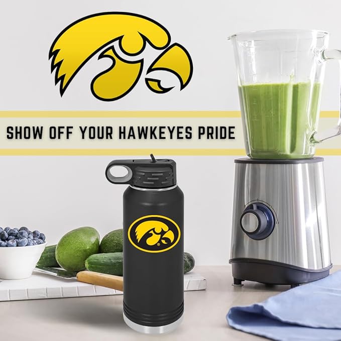 Game Day Outfitters University of Iowa 32oz Stainless Steel Double Walled Black Beverage Bottle with Flip Straw Spout - College Gear for Playoff Season – Show your Hawkeye Pride