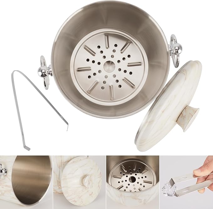 Ice Bucket with Lid, 3L Diamond Bottom Design Double Wall Stainless Steel Insulated Ice Bucket, Champagne Bucket, Wine Bucket for parties, cocktail bar, Marble