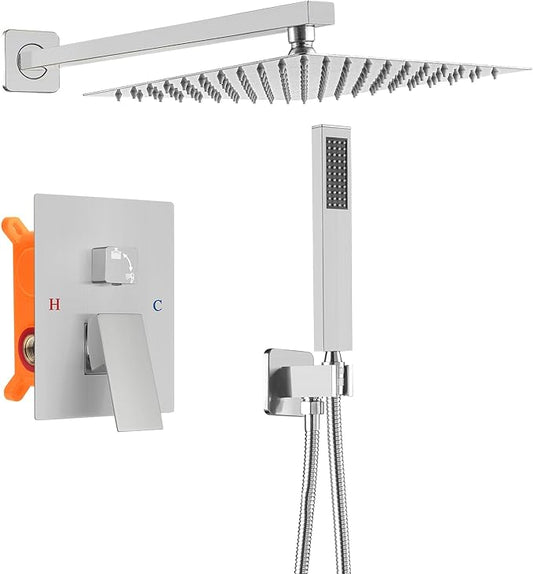 Bathroom Shower Faucet Set，12 Inch Rain Shower Head with Handheld Spray，Brass Shower Valve Trim Kit，Wall Mounted Square Rain Shower System (Brushed Nickel)