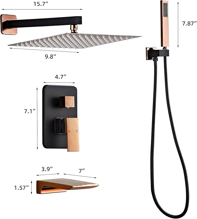 Shower Faucet Set Complete with Tub Spout Matte Black and Rose Gold Shower System with 10 inch Rainfall Shower Head and Handheld Shower Rain Shower Combo for Bathroom Wall Mounted