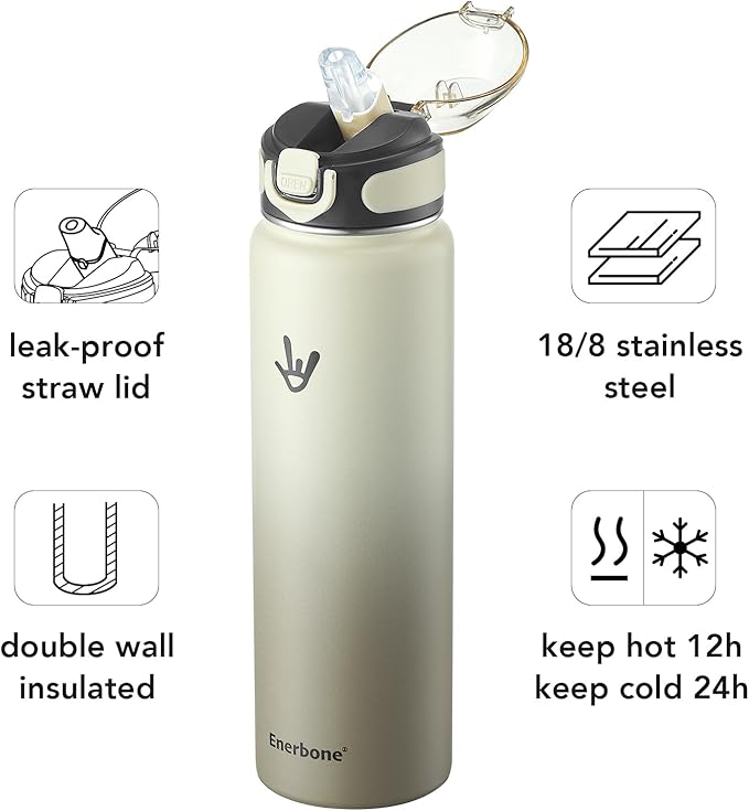 Enerbone Insulated Water Bottle, 32 oz Stainless Steel Water Bottles with Carrying Strap, Double-Wall Vacuum Insulation Thermos, Leakproof Sports Bottle with Straw, Keep Drinks Hot or Cold for Hours