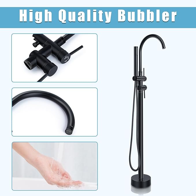 Floor Mount Bathtub Faucet，Matte Black，Freestanding Tub Faucet ，High Flow Dual Function 360 Degree Rotating Tube and Handheld Water Outlet