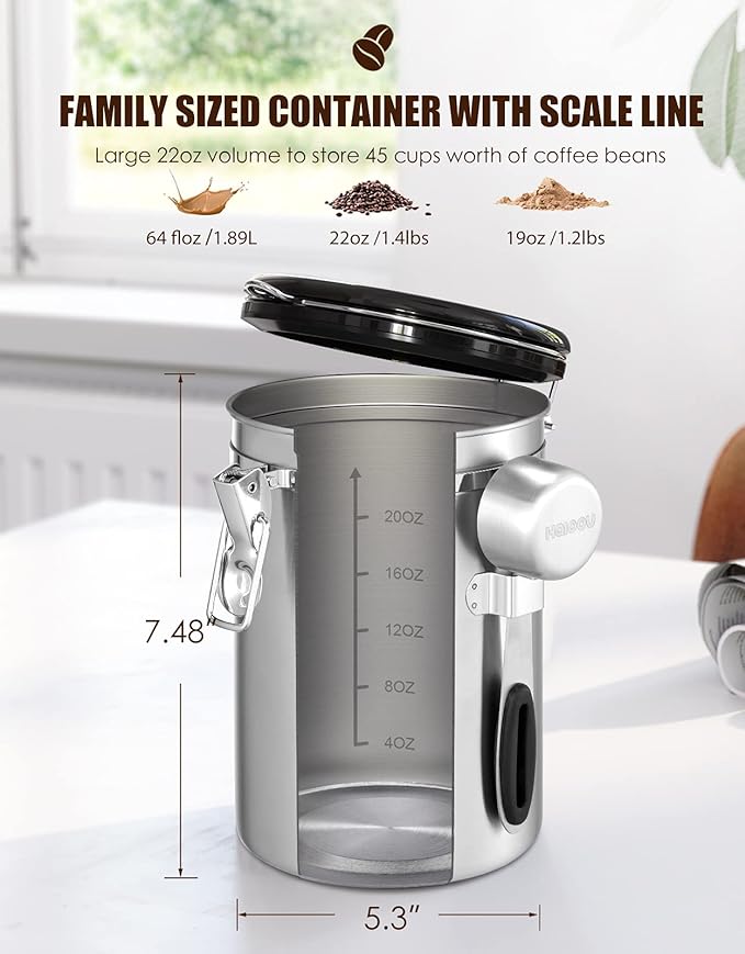 Airtight Coffee Canister, HAIOOU 22OZ Large Stainless Steel Coffee Bean Storage Container with Date Tracker, Measuring Scoop, 6Pcs CO2 Valves and Mini Tongs for Beans, Grounds, Sugar and more - Silver