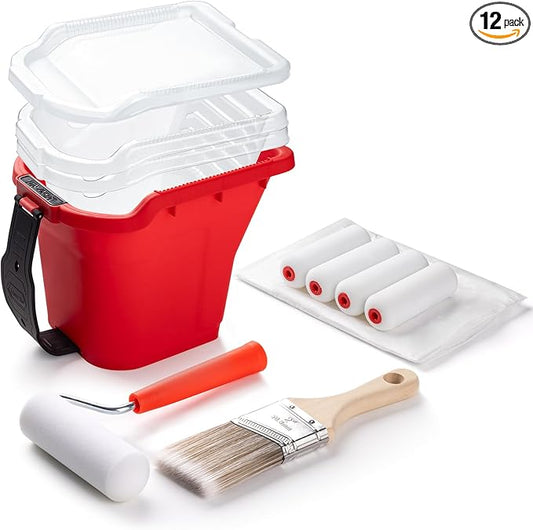 Mister Rui Paint Roller Kit, 12 Pack, 4 Inch Foam Rollers, 2" Brush, Small Paint Bucket with Liners, Liner Lid, Plastic Sheeting, Mini Rollers for Painting & DIY