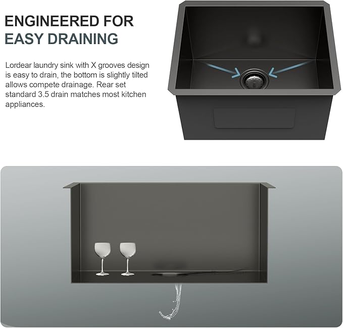 Lordear 23 Black Laundry Sink Stainless Steel 23" x 18" x 13" Undermount Sink Single Bowl 16 Gauge 13 Inch Deep Laundry Room Utility Sinks Handmade Under Counter Kitchen Basin Gunmetal Black