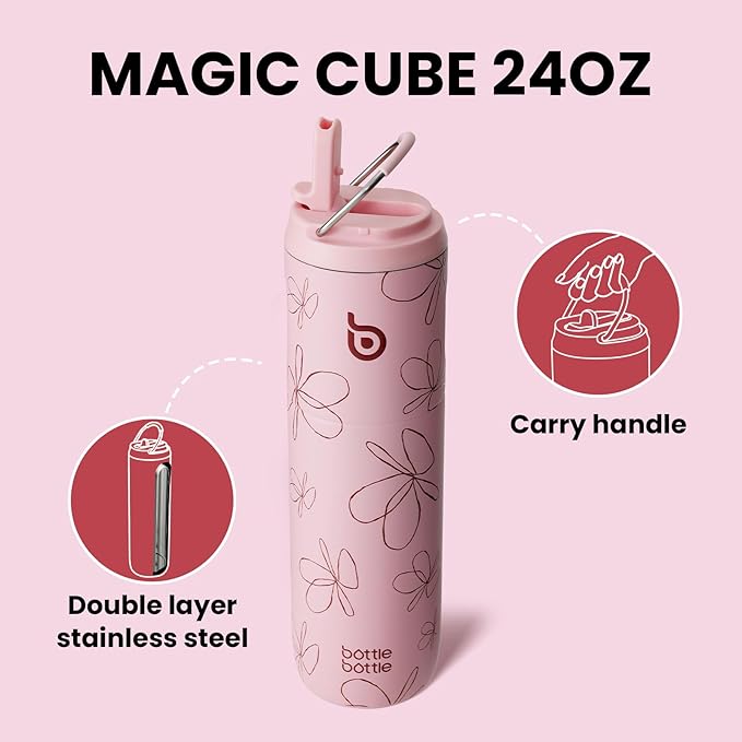 BOTTLE BOTTLE Insulated Water Bottle 24oz with Straw Lid and Handle for Sports Travel Gym Stainless Steel Water Bottles Double-Wall Vacuum Metal Thermos Bottles Leak Proof BPA-Free