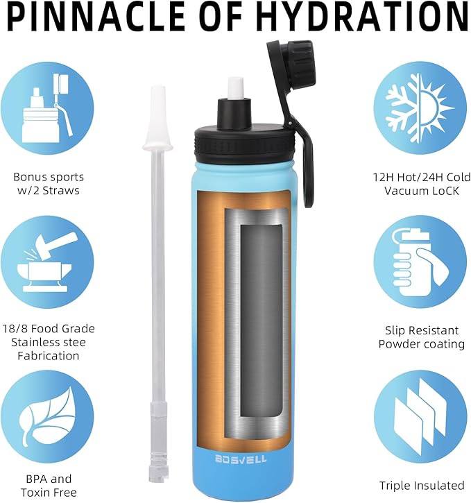 Stainless Steel Insulated Water Bottle with Straw,Metal Vacuum Flask with Screw Cap,Modern Leakproof Sports Thermos, Double Wall Vacuum Sports Water Bottle, For Cold & Hot Drinks,100% BPA-Free