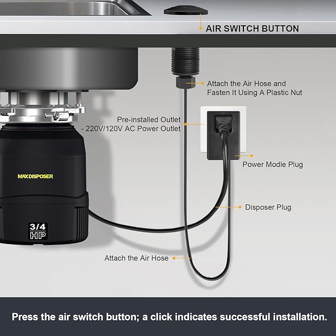 Garbage Disposal Air Switch Kit, Sink Button Food Waste Disposals Part On/Off Air Button Stainless Steel Polished (Matte Black, LONG/3.6")