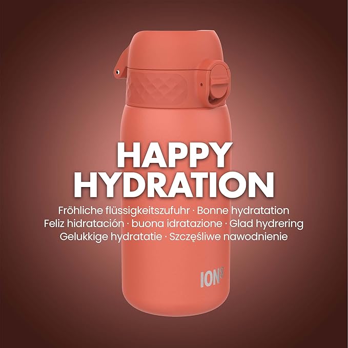 Ion8 Kids Water Bottle, Steel 400 ml/13 oz, Leak Proof, Easy to Open, Secure Lock, Dishwasher Safe, Hygienic Flip Cover, Carry Handle, Easy Clean, Durable, Scratch Resistant, Carbon Neutral, Dark Red