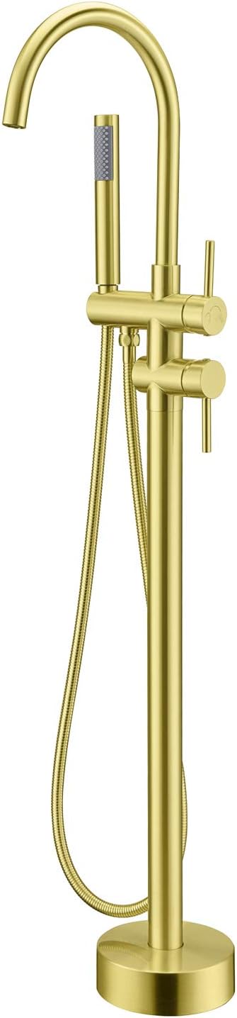 Freestanding Tub Filler Bathtub Faucet Brushed Gold Floor Mounted Brass Faucets with Handheld Shower