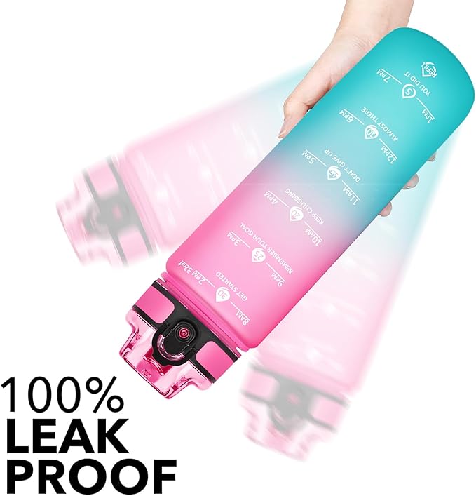 GOSWAG Water Bottles, 32 oz Motivational Sports Water Bottle with Straw and Time Marker to Remind You to Drink, Comes with Carry Strap, Leakproof