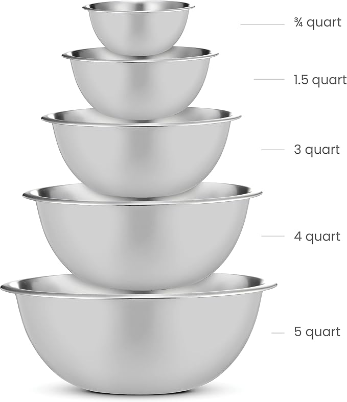 FineDine Stainless Steel Mixing Bowls (Set of 5) Stainless Steel Mixing Bowl Set - Easy To Clean, Nesting Bowls for Space Saving Storage, Great for Cooking, Baking, Prepping