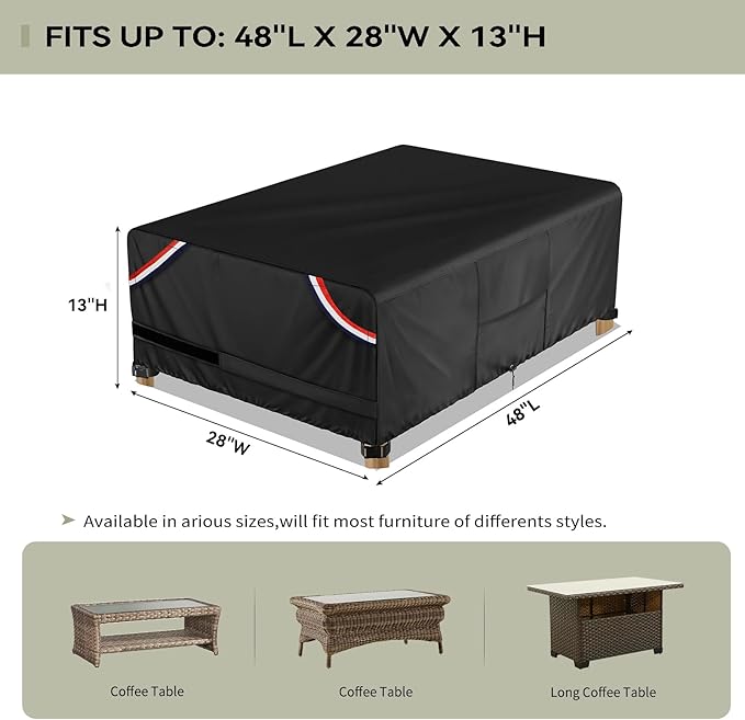 KylinLucky Patio Coffee Table Covers Heavy Duty 600D Waterproof 48 x 28 inch, Outdoor Dining Furniture Cover for 4 x 2 ft, 46 x 24 inch