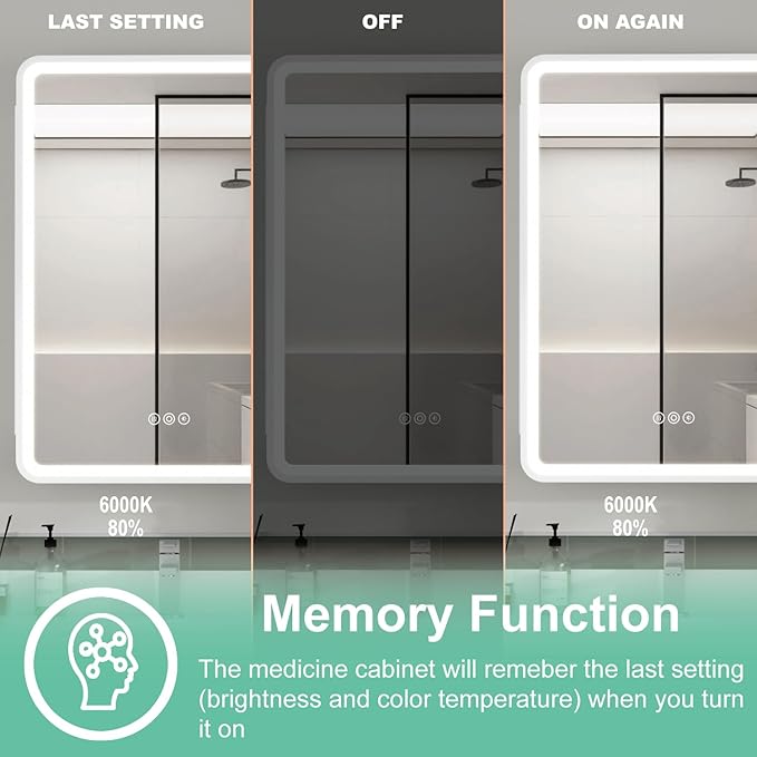 20x28 Inch Medicine Cabinet with Mirror, Recessed or Surface Mount Bathroom Medicine Cabinet with LED Lights, Anti-Fog, Memory Function, Adjustable Shelf, Dimmable Light, ETL Listed, White,Left Hinge