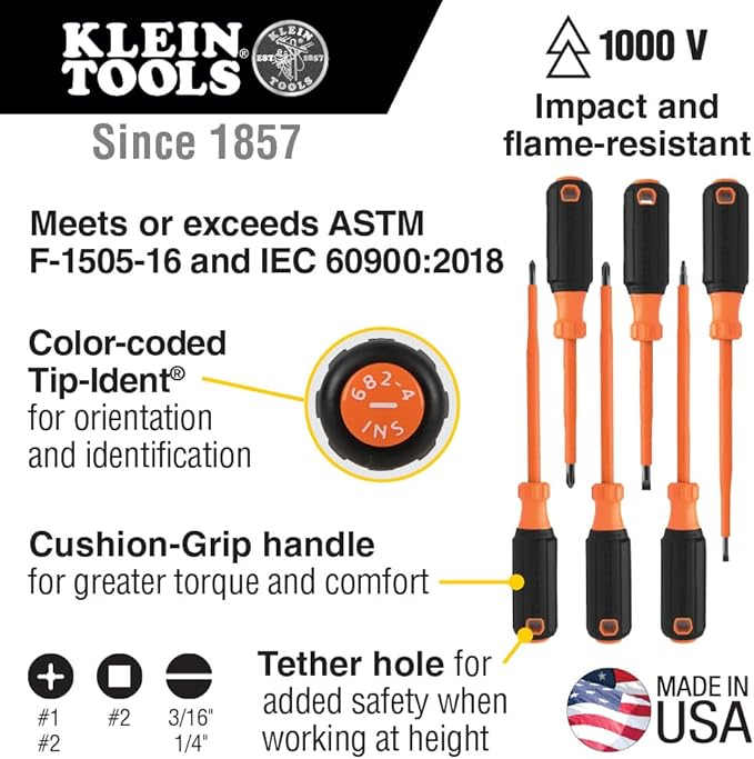 Klein Tools 85076INS Insulated Screwdriver Set, Made in USA, features 1000V Electricial Screwdrivers, (3) Phillips and (2) Slotted and Square Tips, 6-Piece