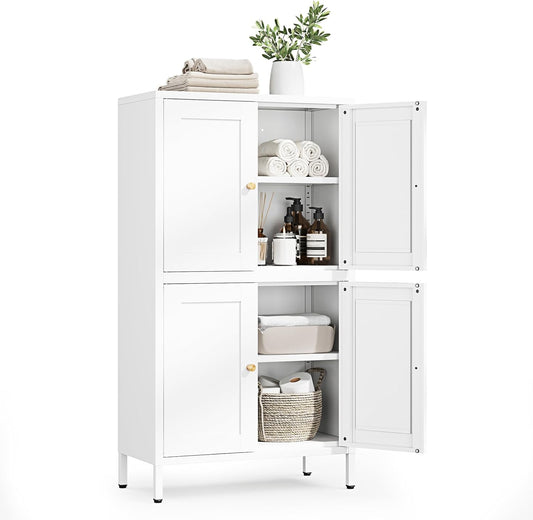 Letaya Storage Cabinet with Doors and Shelves,Small Freestanding Bathroom Floor Metal Cabinets -White