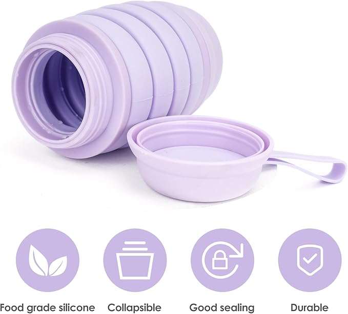 Collapsible Water Bottle, Reusable Water Bottle, Travel Water Bottle, Pill Storage, On the Go, Outdoors, Lunch Water Bottle, BPA Free, Vitamin Storage. (Purple)