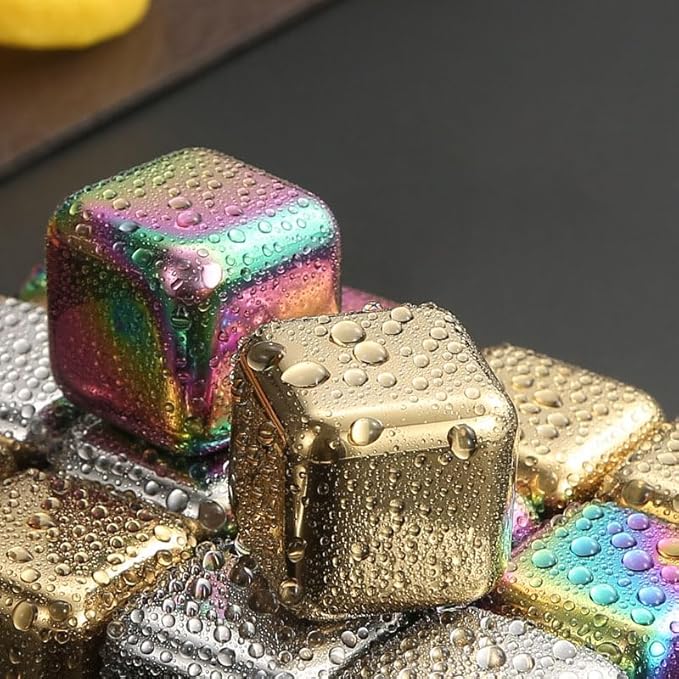 ShanSon Wine Chillers Metal Ice Cube 8 PCS Stainless Steel Whiskey Stones Reusable Whiskey Rocks Beverage Chilling Stones for Scotch and Bourbon Drinking Gifts Set for Men Dad Husband,Gold