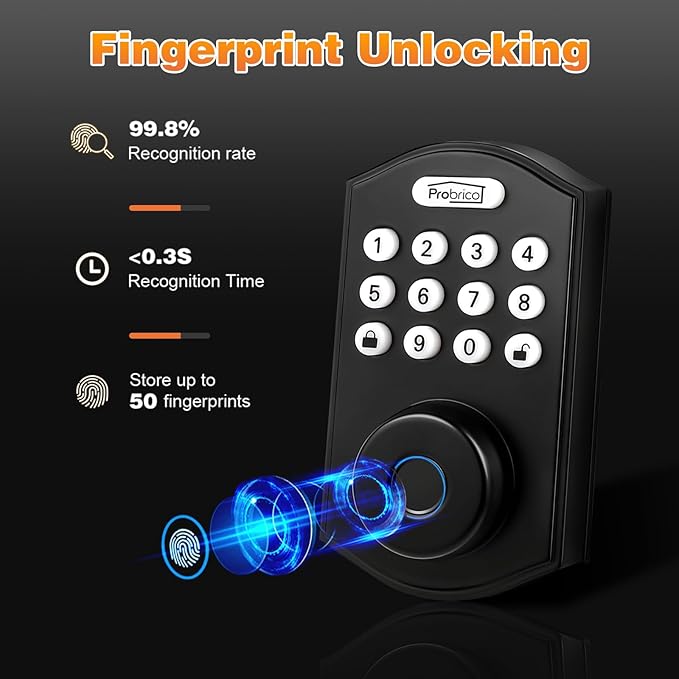Probrico Fingerprint Smart Door Lock, Electronic Keypad Deadbolt Lock, Keyless Entry Smart Deadbolt Lock for Front Door, APP Control, Auto Lock, Black