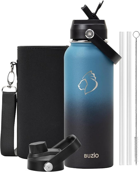 BUZIO 40 oz Insulated Water Bottle, Keep Cold 48h Stainless Steel Water jug with Straw Lid and Carrying Pouch, Lead-Free Leak Proof Double Wall Vacuum Metal Canteen for Sports Gym Beach, Indigo Crush