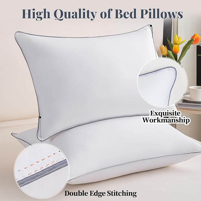 100% Breathable Cotton Cover Cooling Bedding Bed Pillows for Sleeping - Queen Size Set of 2, Hotel-Quality Soft Supportive Fluffy Pillows 2 Pack Full size20*28