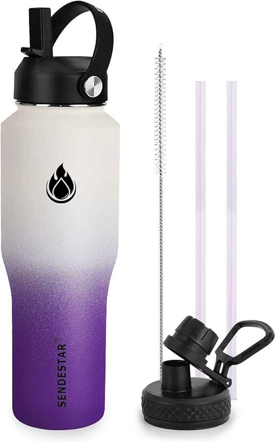 SENDESTAR Water Bottle 32oz,2 Lids(Straw lid),Wide Mouth Stainless Steel Vacuum Insulated Double Wall Keep Liquids Cold or Hot All Day,Sweat Proof Sport Design,Fit Car Cup Holder(White&Voilet)