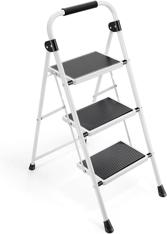KINGRACK Step Ladder 3 Step Folding with with Anti-Slip and Wide Pedal,Portable Foldable,Tall Sturdy Step Ladder with Handgrip for Home Kitchen Household,White