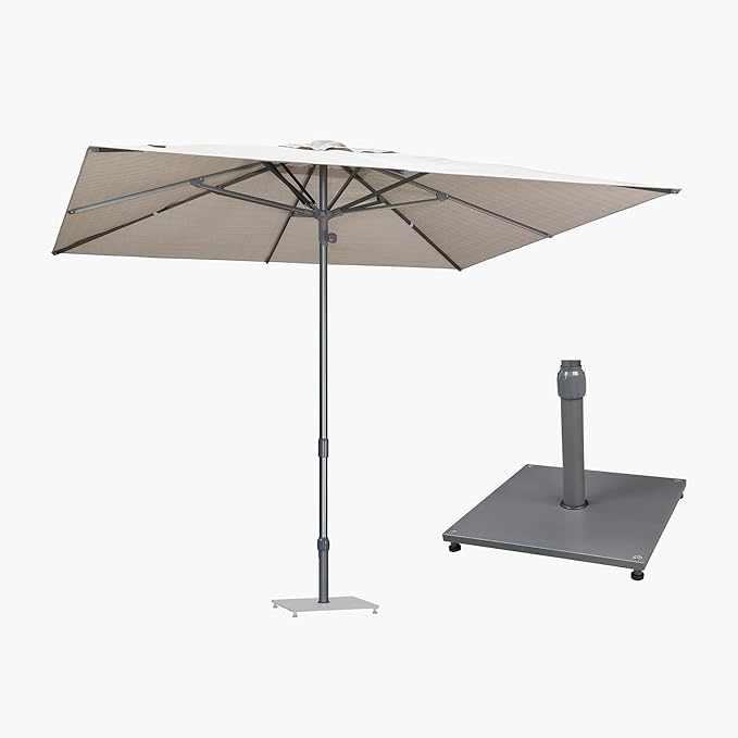 PURPLE LEAF 10 X 10 FT Semi-Auto Outdoor Patio Umbrella with Base Market Table Sun Umbrellas with 8 Aluminum Sturdy Ribs for Backyard Deck Garden Pool (Gray Pole Beige Canopy)