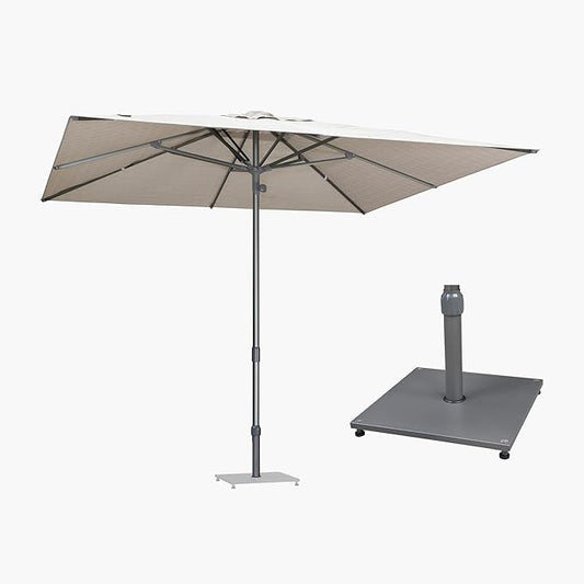 PURPLE LEAF 10 X 10 FT Semi-Auto Outdoor Patio Umbrella with Base Market Table Sun Umbrellas with 8 Aluminum Sturdy Ribs for Backyard Deck Garden Pool (Gray Pole Beige Canopy)
