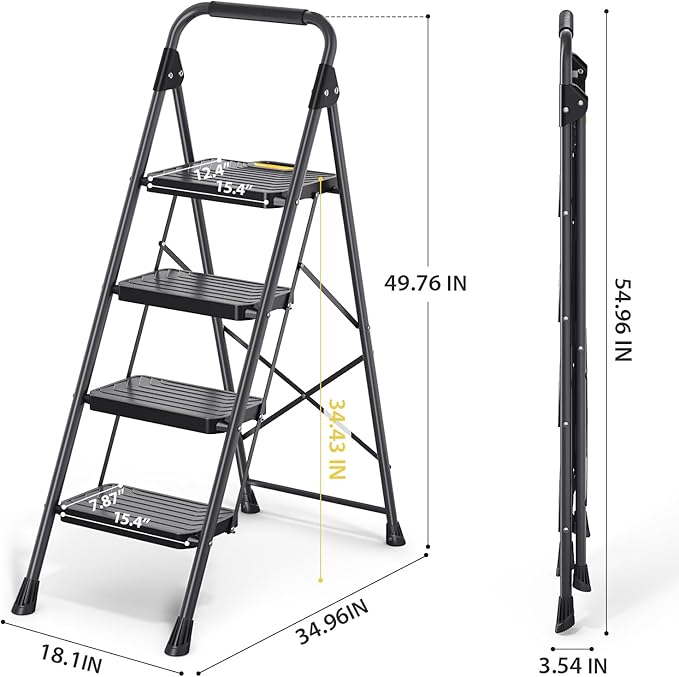 KINGRACK 4 Step Ladder, Sturdy Steel Step Stool with Anti-Slip Wide Pedals, Handrail, Safe-Lock Design, Pass 800lbs Load Testing, Folding Portable Ladder for Multi-Purpose, Home, Kitchen, Black