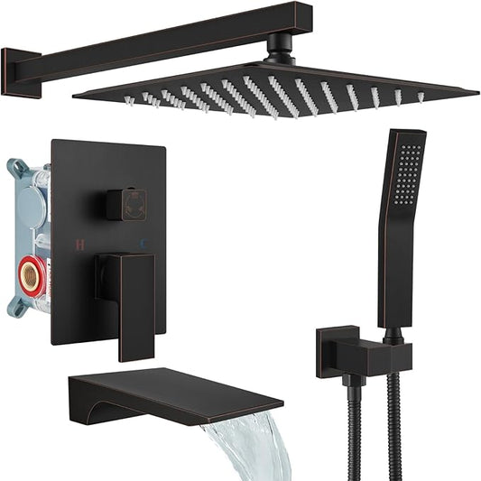 gotonovo Shower System with Tub Spout,Waterfall Tub Shower Faucet Set for Bathroom Head and Handle Set Wall Mounted 3 Function Rough-in Valve and Trim Included 10 inch Shower Head Oil Rubbed Bronze