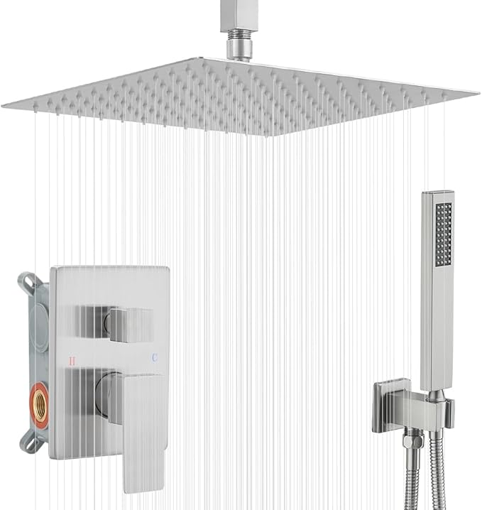 16 Inch Brushed Nickel Ceiling Mount Shower System Bathroom Luxury Rain Mixer Shower Combo Set Ceiling Rainfall Shower Head System Faucet Contain Rough-in Valve and Trim Included