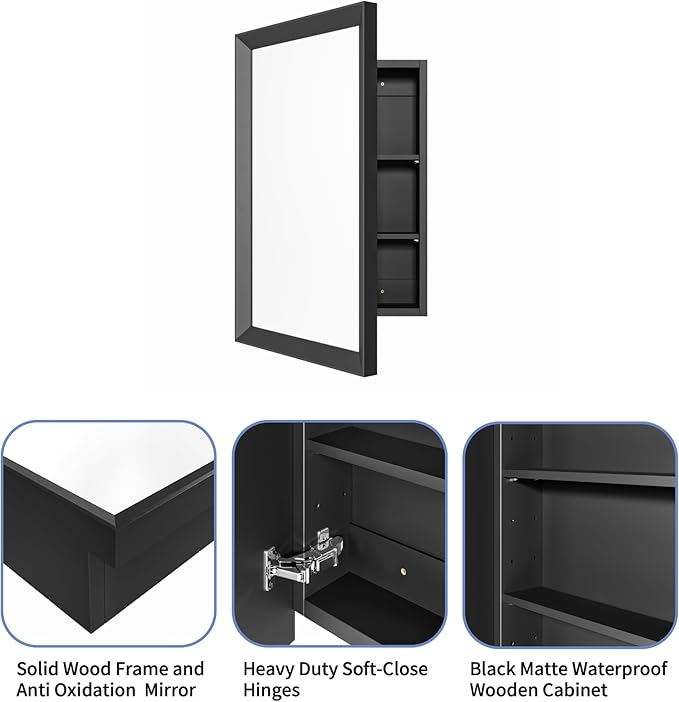 Retro-Style Medicine Cabinet with 17’’x27’’ Solid Wood Mirror Frame, Bathroom Recessed Wall Cabinet, Living Room Wood Storage Cabinet, Black