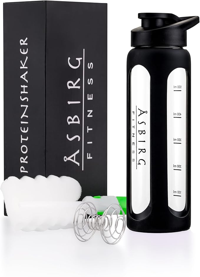 Fitness | Protein Shaker Made of Glass | Protein Shaker | Drinking Bottle | with Spiral Ball | Black