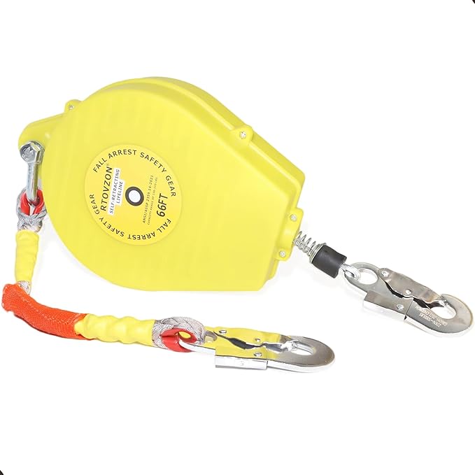 66FT RTOVZON Self Retracting Lifeline, Fall Arrest Fall Protection Dual Alloy Steel Hook Steel Wire Rope Heavy Duty Retractable Lanyard, Roofing Lifeline, SRL, Safety Lanyard