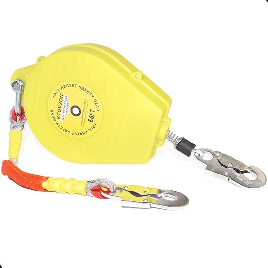 66FT RTOVZON Self Retracting Lifeline, Fall Arrest Fall Protection Dual Alloy Steel Hook Steel Wire Rope Heavy Duty Retractable Lanyard, Roofing Lifeline, SRL, Safety Lanyard
