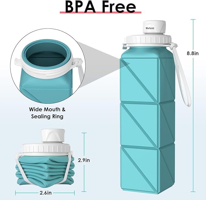 Foldable Water Bottle for Travel Cycling Gym Camping Sports,Leakproof Lid,Food Grade BPA-Free Silicone Travel Bottles 610ml -Lightweight 21oz Portable,Wide Mouth ,Durable,Collapsible Water Bottle