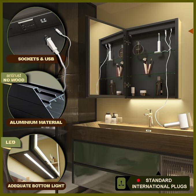 LED Lighted Bathroom Medicine Mirror Cabinet with Sockets & USBs, Anti-Fog Dimmable Light and Color Adjustment, Easy to Install Aluminum Cabinet (Left Hinge, 20 * 28 inch)