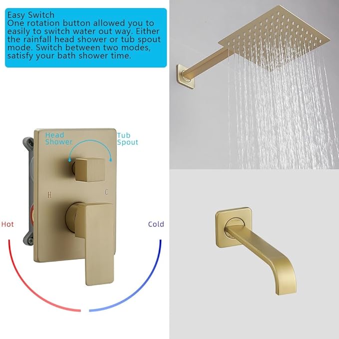 ‎Brushed Gold Shower Faucet Set with Tub Spout Bathroom Luxury Rain Mixer Shower Head System Wall Mounted Shower Faucet Complete, Single Handle Tub and Shower Trim Kit with Rough-in Valve